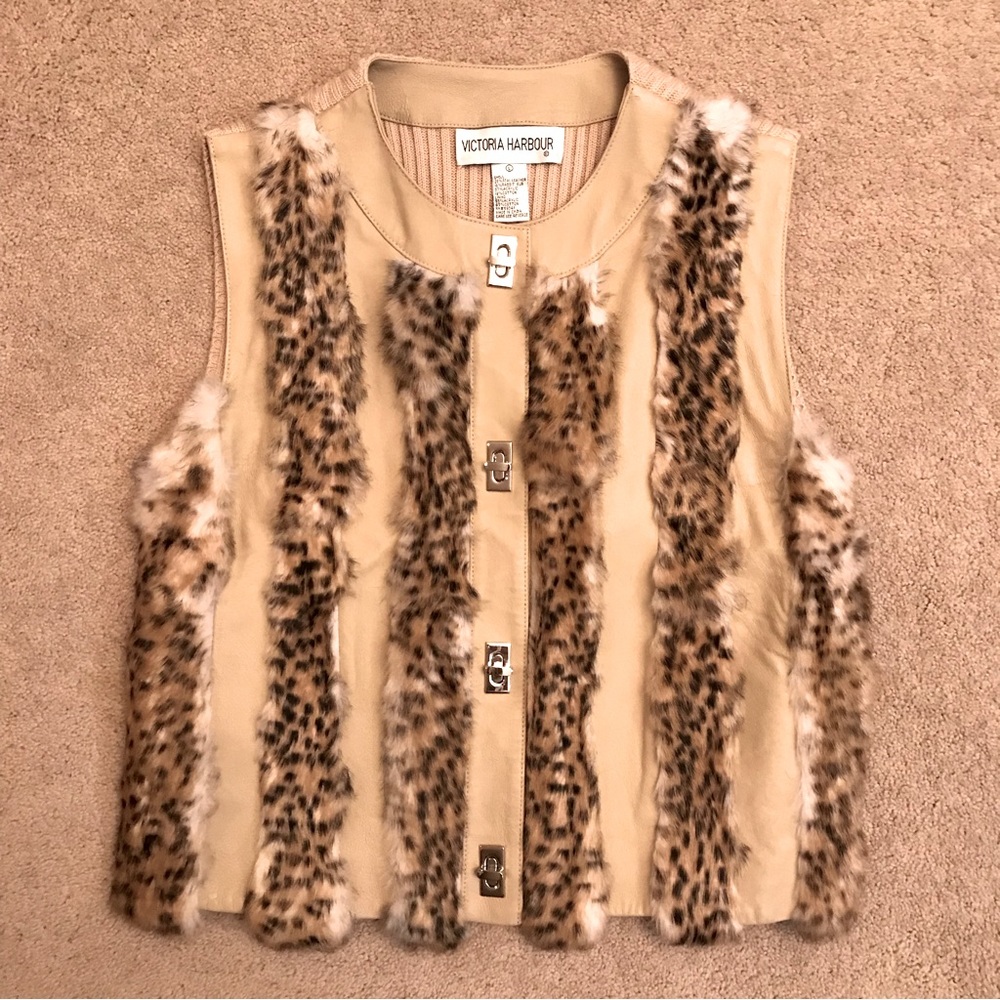 Victoria Harbour Leather Fur Cotton Sweater Vest Size L Tan Beige Outerwear Chic